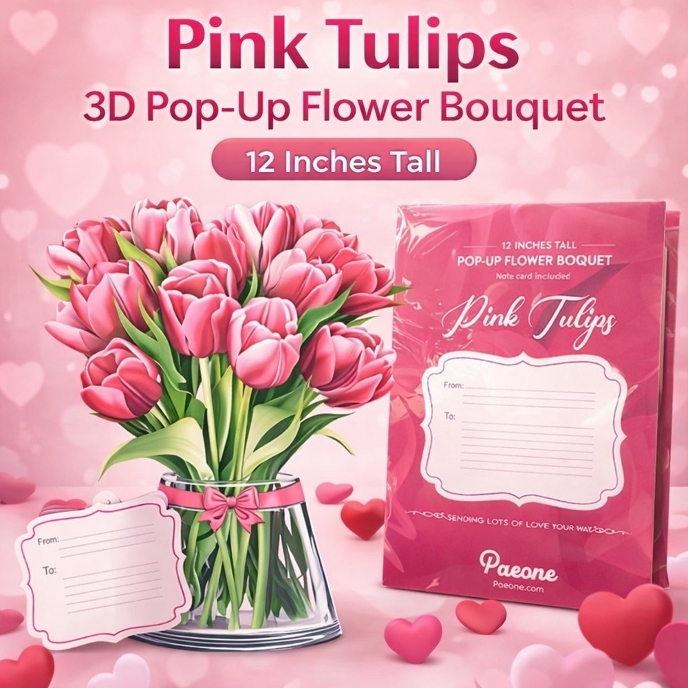 Pink Tulips 3D Pop Up Flower Bouquet 12” Paeone Paper Flowers Card Valentines